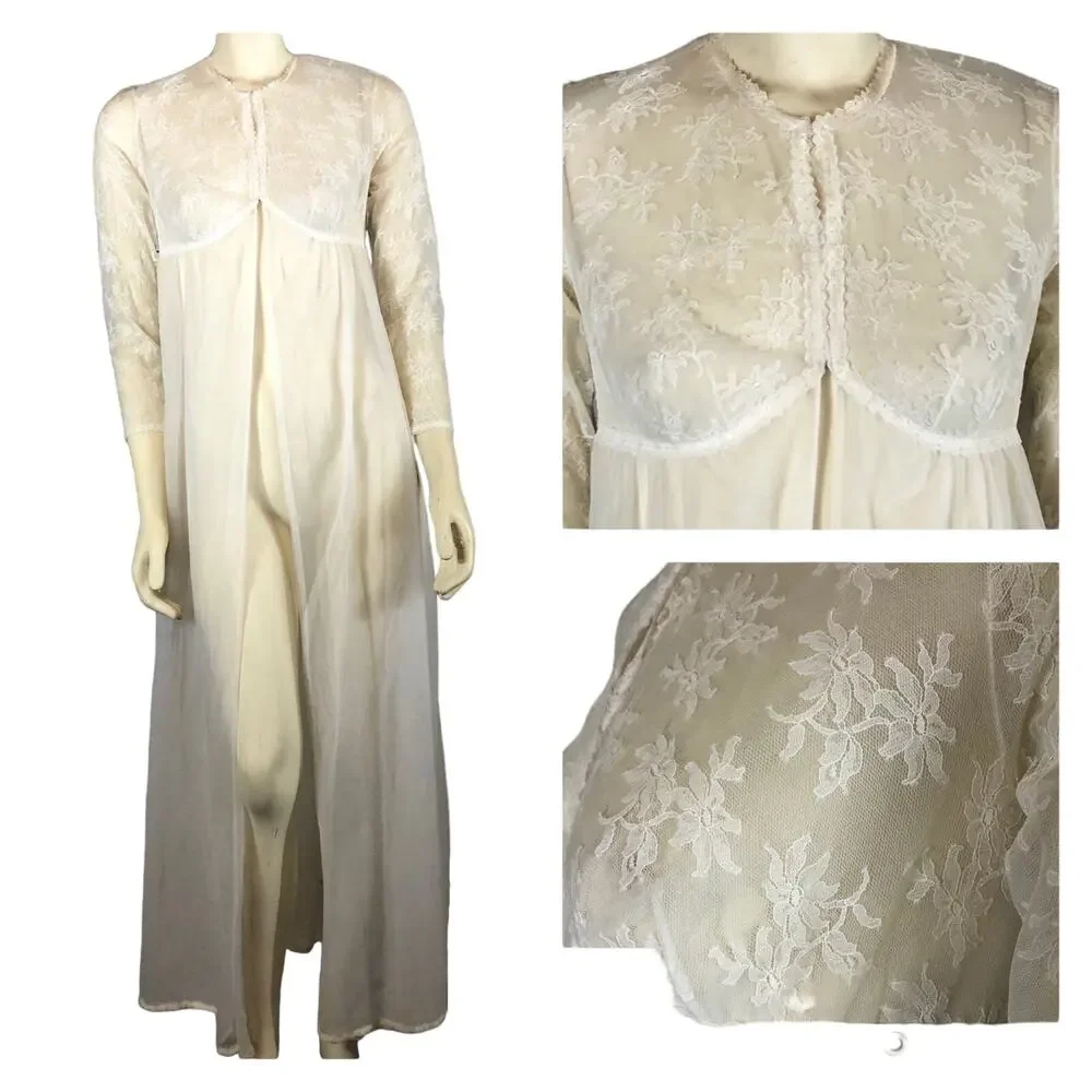 Vintage 60s Vanity Fair Chiffon Lace Tricot Sheer Peignoir Robe size 30 XS
